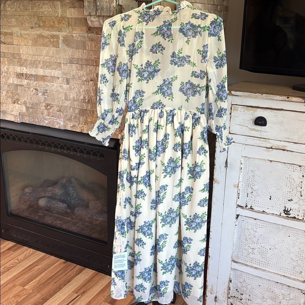 NWT ASOS midi smock dress w shirred cuffs creamy white floral print-multi - Picture 9 of 16